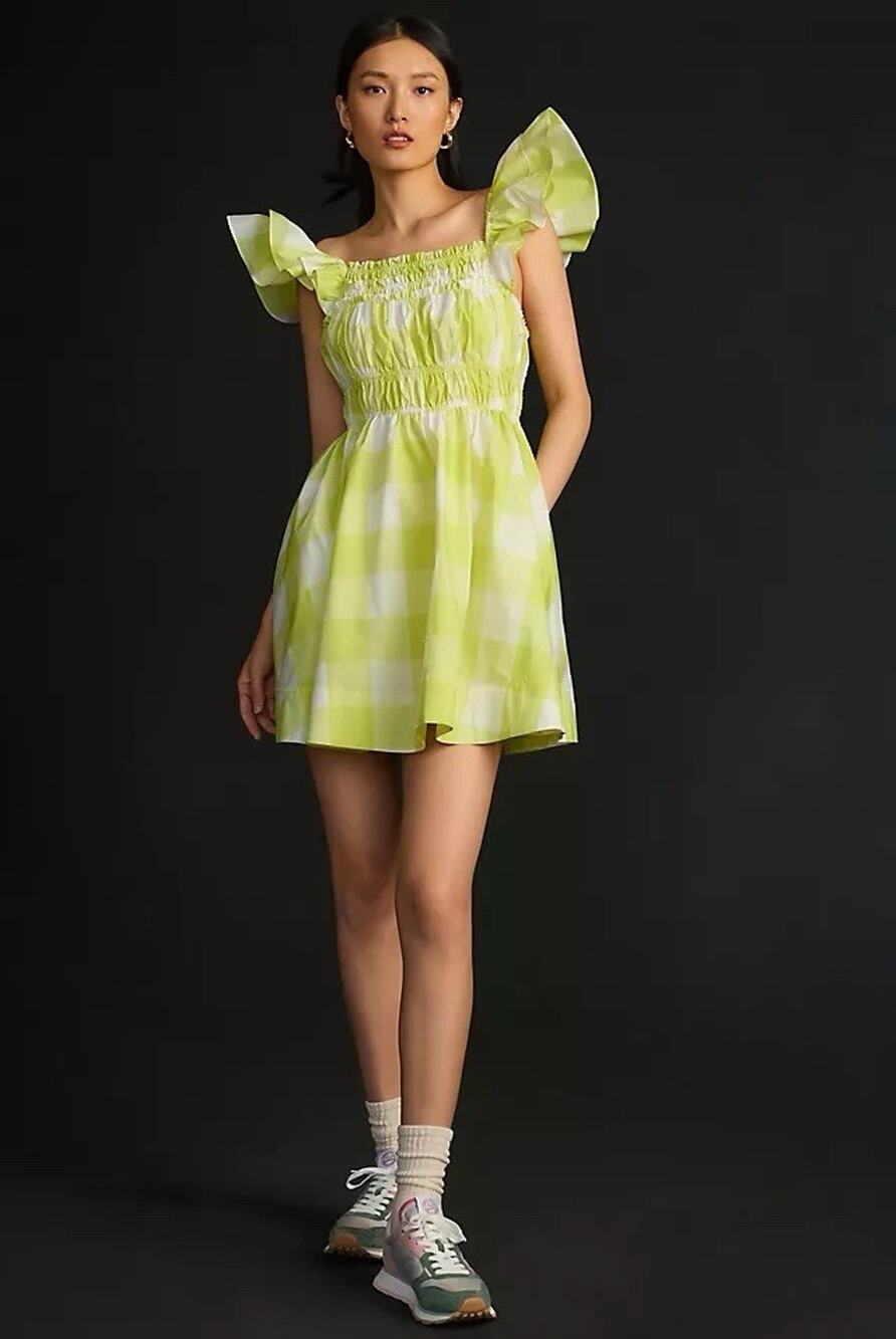 Anthropologie Maeve Square Neck Flutter Sleeve Shirred Dress XL NWT Green Plaid